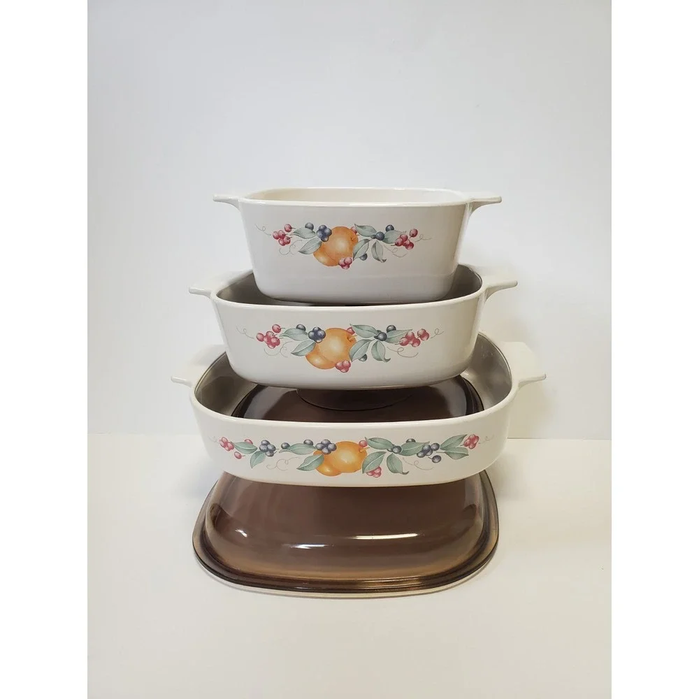 Vintage Corning Ware Abundance 6Pc Casserole Set Pyrex Lids USA Made Cottagecore